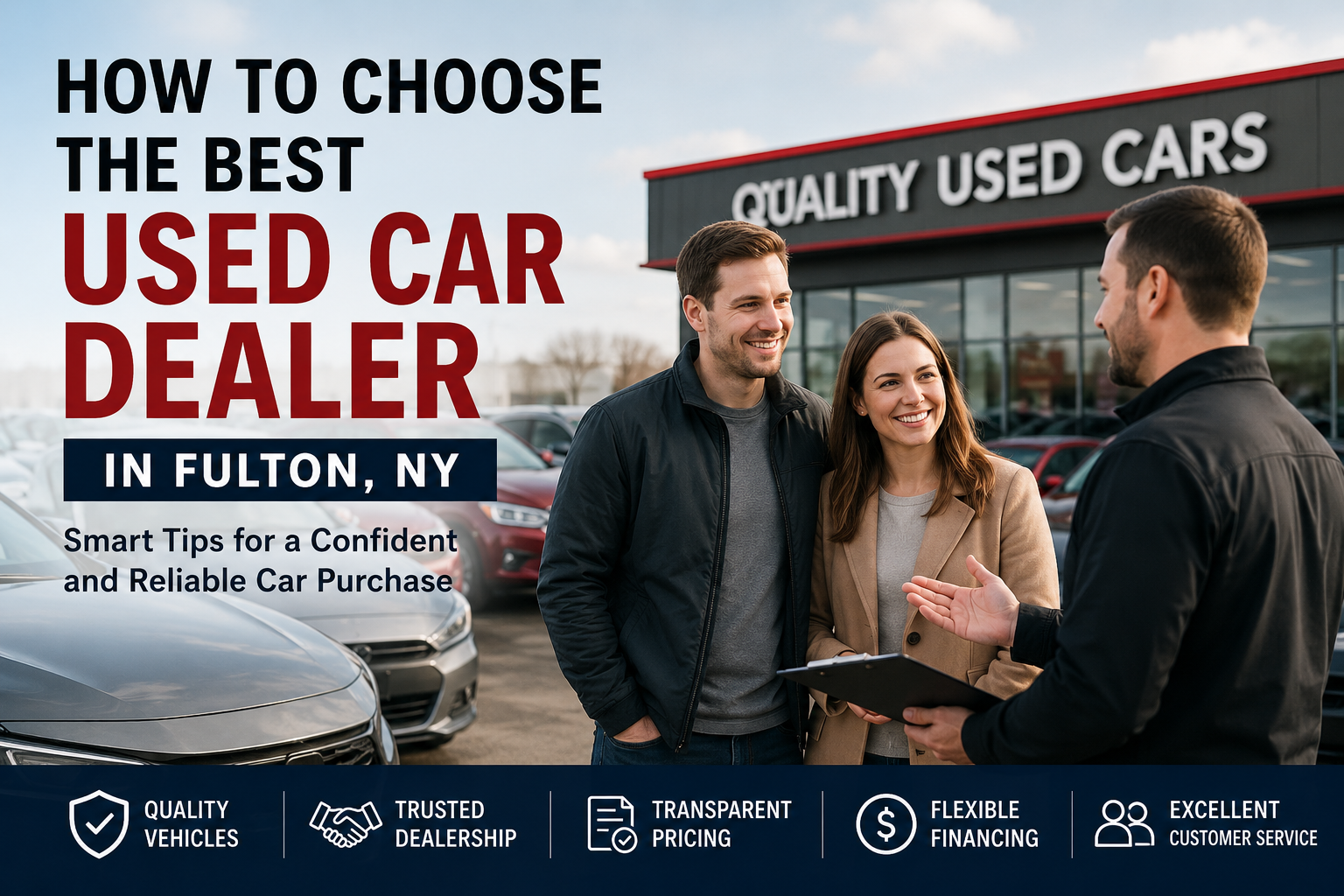Professional used car dealer in Fulton, NY helping customers choose a reliable pre-owned vehicle at a trusted dealership.